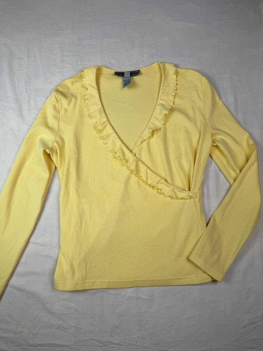 Jones Jeans Women's Yellow Ruffle V-Neck Wrap Long Sleeve Large 100% Cotton